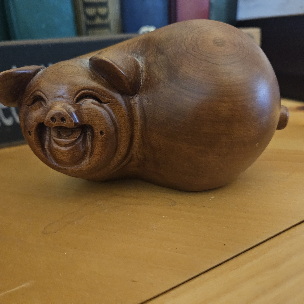 Vintage Japanese Happy Boxwood Carved Pig - Picture 2 of 13